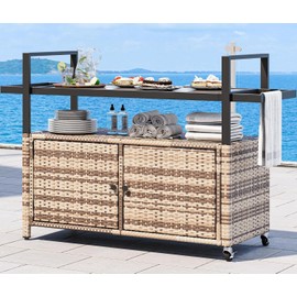 YITAHOME Large Outdoor Kitchen Wicker Island Rolling Cart & Patio Bar Table, w/Wheels and Black Glass Table Top Backyard and Poolside Light Brown