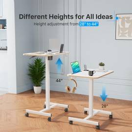 Liftsync Mobile Standing Desk, Rolling Laptop Cart Adjustable Height with Cup Holder, 28 inch Portable Table with 4 Lockable Wheels, White Computer Workstation with Hook and Slots for Home Office
