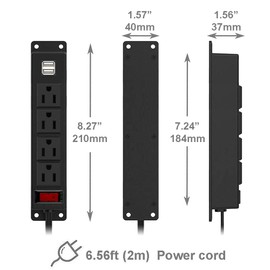 Tira de alimentación montable con puertos USB, tomas de corriente de montaje en pared, enchufe atornillado en el computadora debajo del gabinete, toma de corriente 4 CA 2 USB de 6.56 pies, interruptor