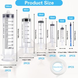Pack of 12 Syringes 1 ml/5 ml/10 ml/20 ml/60 ml/100 ml, Syringes with 110 cm Plastic Pipes, Injection Syringe, Dosing Syringe, Good Sealing for Laboratory, Industrial, Liquid Measurement