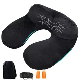YOUXIU Neck Pillow Inflatable Travel Pillow Compact Neck Pillow Ergonomic Headrest with Velvety Soft Washable Cover for Best Travel Essentials for Sleeping/Reading/Camping (Black)