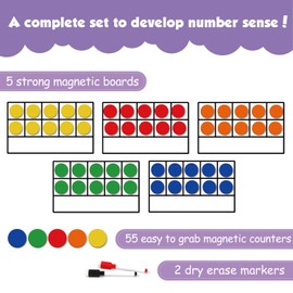 Torlam Magnetic Ten-Frame Set - Math Manipulative for Elementary - 5 Ten Frames & 55 Magnetic Math Counters for Kids, Math Games for Kindergarten (Upgraded Version for Hand-held & 2 Black Pens)