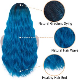 Mildiso Blue Wigs for Women 26" Long Ombre Blue Wig with Wig Cap Curly Wavy Blue Mermaid Wig Natural Cute Soft Wigs for Daily Party M052B