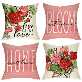 Fjfz Spring Summer Geranium Flowers Decorative Throw Pillow Cover 16 x 16 Set of 4, Pink Red Floral Home Sweet Home Mason Jar Porch Outdoor Decor, Live Laugh Love Seasonal Farmhouse Couch Cushion Case