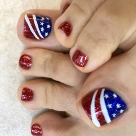 4th of July Press on Toenails Short Square Fake Toe Nail American Flag Acrylic Toenails with Stars Stripe Glitter Designs Red Full Cover Independence Day Stick on Toenails for Women 24Pcs