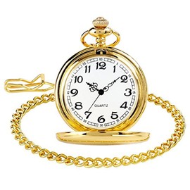 LingsFire Classic Smooth Vintage Pocket Watch Sliver Steel Men Quartz Watch Womens Watch with Chain Xmas Fathers Day Gift (Gold)