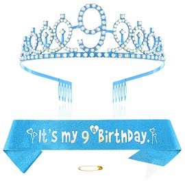 Blue 9th Birthday Crown and Sash Girl 9th Birthday Decoration Rhinestone Birthday Tiara Princess Crown Queen Tiara Birthday Sash Girls 9th Birthday Decoration Party Clothing Accessories, Non-Precious