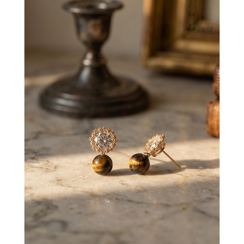 Teppdfann Vintage Tiger Eye Stone Bead and Cubic Zirconia Stud
