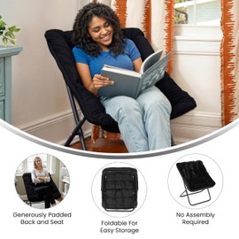 Flash Furniture Archer Saucer Chair with Folding Steel Frame, Portable Oversized Saucer Chair, for Dorm or Bedroom, 28", Black Faux Fur/Black Frame