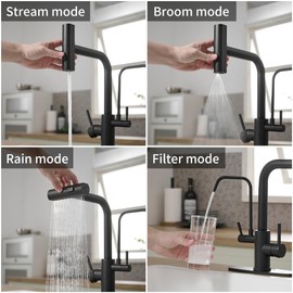 Black Kitchen Faucets with Water Filter and Pull Down Sprayer,Waterfall Kitchen Sink Faucet,Two Handle Sink Faucet with Pull Down Sprayer for 3 Function,Faucets Without Water Filtration Device