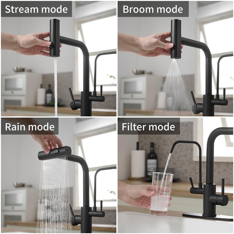 Black Kitchen Faucets with Water Filter and Pull Down Sprayer,Waterfall