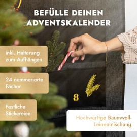 AMARI ® Advent Calendar for Filling, Black/Gold, XXL Wall Calendar (70 x 130 cm) with 24 Compartments for Crafts for Christmas, Advent Calendar for Hanging, Fabric, Christmas Calendar