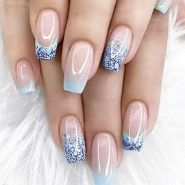 Blue Glitter French Tip Press on Nails Sparkly Fake Nails Gradient Blue False Nails Glossy Gel Glue on Nails Medium Coffin French Nails Full Cover Stick on Nails for Coquette Women Girls 24Pcs