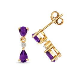 Exclusive 9ct Gold Ladies Diamond Drop Earrings Brilliant Cut H - PK with Amethyst - 13mm*4mm WJS35542