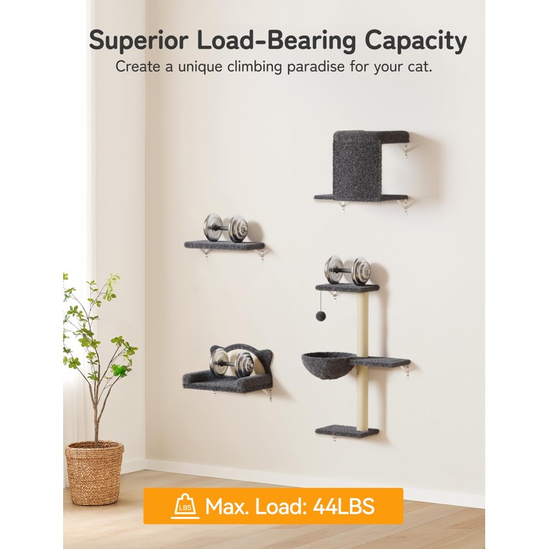 5-in-1 Cat Wall Shelves, Solid Wood & Velvet & Sisal