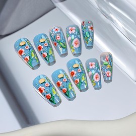 Sea Press on Nails Flower Design Ballet False Nail Snake Press on Nails 3D Full Cover Manicure Tips Datachable Fake Nails Set Flower Press on Nails Ballerina Fake Nails Embossed with Floral
