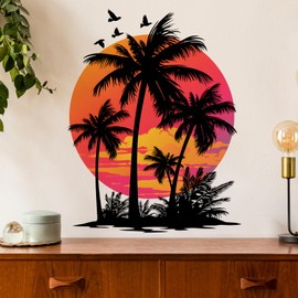 RoyoLam Tropical Sunset with Palm Trees and Birds Wall Stickers for Living Room Silhouette Plant Wall Decals Removable Peel and Stick Wall Art Home Decor Decoration for Bedroom Bathroom Library