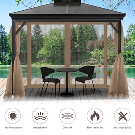 Gazebo Universal Replacement Mosquito Netting, Outdoor Canopy Net Screen 4-Panel Sidewall Gazebo Curtains, with Zippers, Easy to Install, Fit for Most Canopy, Patio, Khaki (10' X 12')
