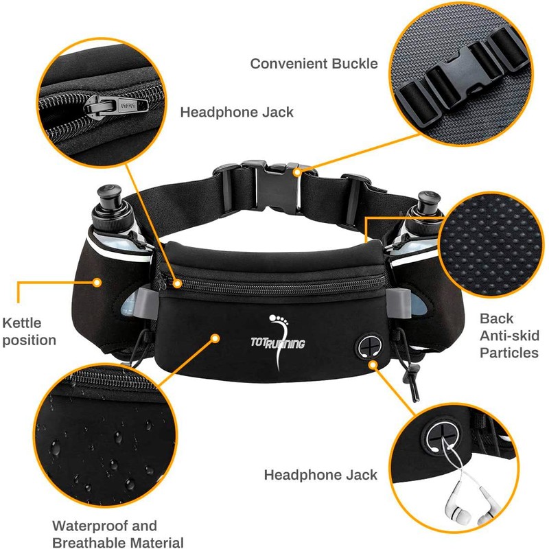 Adjustable Running Belt with Zip Pocket, 2 Water Bottles, 2