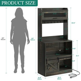 DWVO Bakers Rack with Power Outlet and Storage Cabinet, 5-Tier Farmhouse Kitchen Microwave Stand with LED Lights,Heavy Duty Coffee Bar Table Station with 7 Hooks for Dining Living Room, Black Brown