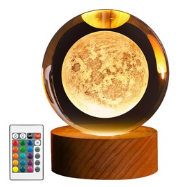 Aychingye 3D Crystal Ball Night Light, 3.15In 16 Colors Change with Remote Control and Wooden Base, Starry Sky Series Crystal Ball Ornaments, Creative Home Desktop Gifts Night Light (Moon)