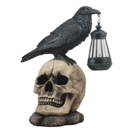 Ebros Gift Edgar Allan Poe Corvus Raven Perching On Rose Skull Statue with Solar LED Lantern Light Crow Scavenger Bird Ossuary Figurine for Courtesy Path Or Night Light