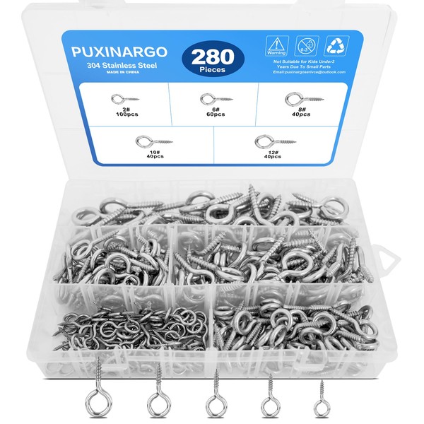 280 Pcs Eye Screws,304 Stainless Steel Screw Eye Hooks,5 Sizes