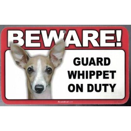 SCANDICAL BEWARE GUARD WHIPPET DOG ON DUTY 5" X 8" HANGABLE PLASTIC SIGN NEW