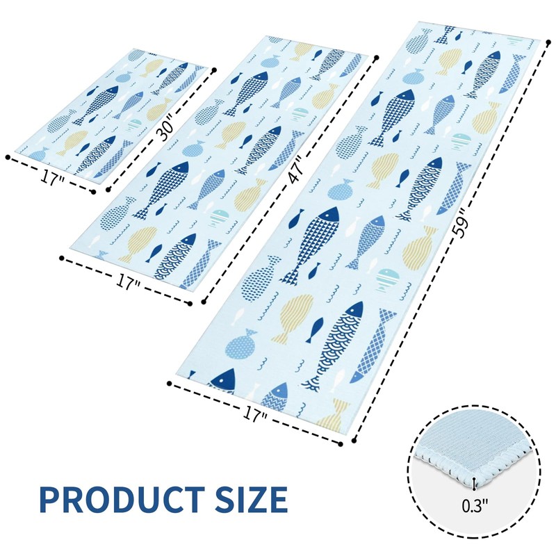 PKAGQEM Coastal Kitchen Rugs Set of 3 Farmhouse Fish Non