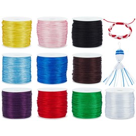 PandaHall Elite 10 Rolls 1mm Rattail Satin Nylon Trim Cord Chinese Knot Kumihimo String Beading Thread for Bracelet Making Anklet Necklaces DIY Christmas Craft, 30m Each Roll, 10 Colors