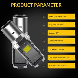EverBrightt 2-Pack 900 Lumens White BA20D COB 12W Led Bulb for Motorcycle BA20D lights High Low Beam