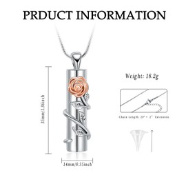 VCCWYQK Cremation Jewellery Rose Flower Urn Necklace with Hollow Cylinder Cremation Keepsake Urn Pendant Memorial Lockets for Ashes for Women Men, Stainless Steel