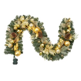 GarveeHome 6 Ft Christmas Garland, Pre-Lit Artificial Xmas Garland with 20 LED Lights, Battery Operated Rattan Christmas Decoration with Gold Bows, Ball Ornaments, Pine Cones, Gold