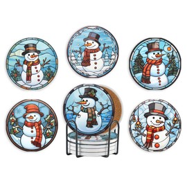 Snowman Gifts for Women Men, Snowman Coaster, Home Decor for Birthday Christmas Thanksgiving, Set of 6, Ceramic, Absorbent with Cork Base