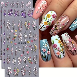 5D Embossed Branch Flowers Spring Nail Art Stickers Purple Flower Nail Stickers Colorful Floral Nail Decals 3 Sheets Flowers and Plants Nail Designs for Women Girls DIY Nail Art Supplies