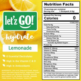 Let'z Go! Hydrate- Natural Hydration + Electrolyte Drink Mix- Hydration + Electrolytes + Antioxidant Powder Packets, Natural Flavors, Vitamins C + D | No Sugar | No Calories | (15 Count) Lemonade