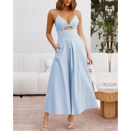 BTFBM Women 2024 Summer Spaghetti Strap Dress Sleeveless V Neck Cutout Slit Casual Beach Party Maxi Dresses with Pockets(Solid Light Blue, Small)