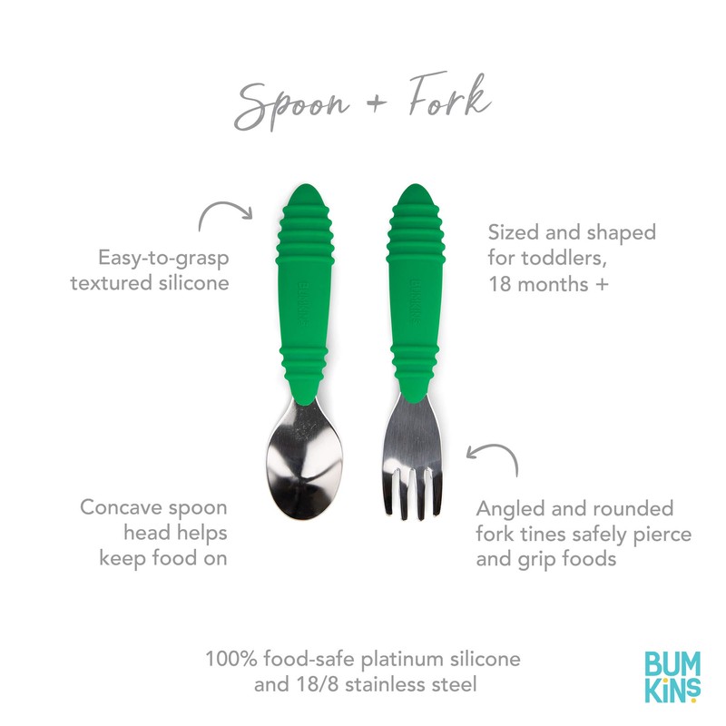 Bumkins Toddler Utensils, Kids Size Fork and Spoon Set, Silicone