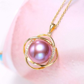 XRCXBLSC Fashion 18K Gold Freshwater Cultured Pearl Bridal Engagement Necklace for Women, Freshwater Cultured Pearl Birthstone Traditional Timeless Wedding Pave CZ Pink Pearl Pendant Necklace