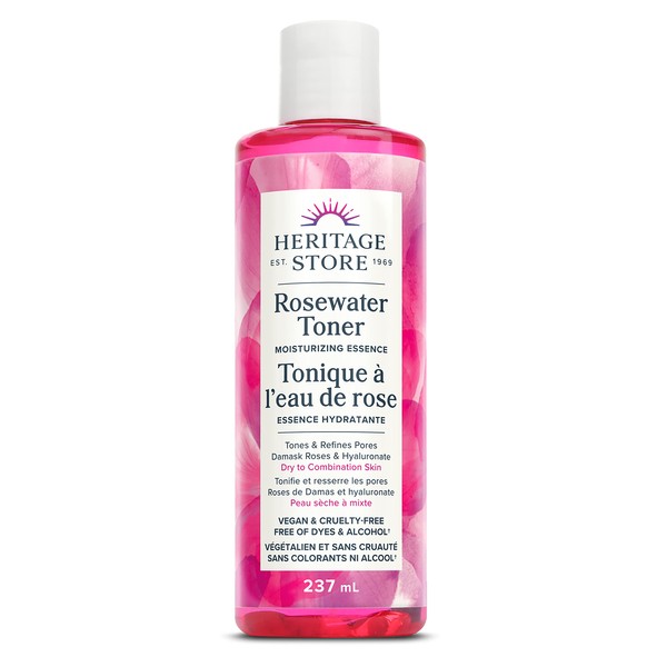 Heritage Store Rosewater Toner Moisturizing Essence | Tones and Refines Pores | Vegan & Cruelty Free | Free of Dyes & Alcohol | 237ml, Clear (Pack of 1)