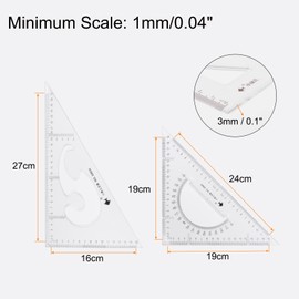 sourcing map 2piece Triangle Ruler Square Set 27cm, 24cm 30/60 and 45/90 Degrees Measuring Tools for Classrooms Home Office, Transparent