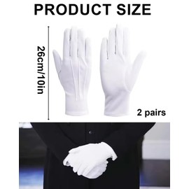 FUGLUS 2 Pairs White Stitched Gloves Nylon Thin Men's Costume Gloves with Decorative Stitching for Formal Tuxedo Jewellery Inspection