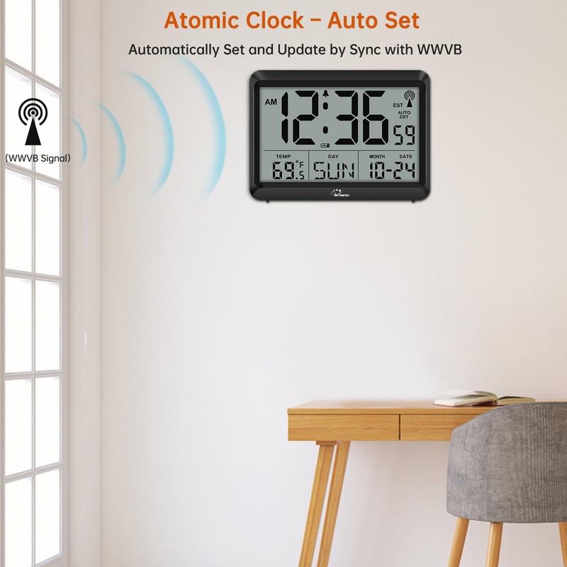 WallarGe Atomic Digital Wall Clock Battery Operated, Self-Setting, Large Display