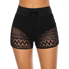 Lecieldusoir Women's Lace Swim Shorts High Waist Bathing Suit Bottoms Black Swimsuit Boy Shorts Swimwear Board Shorts