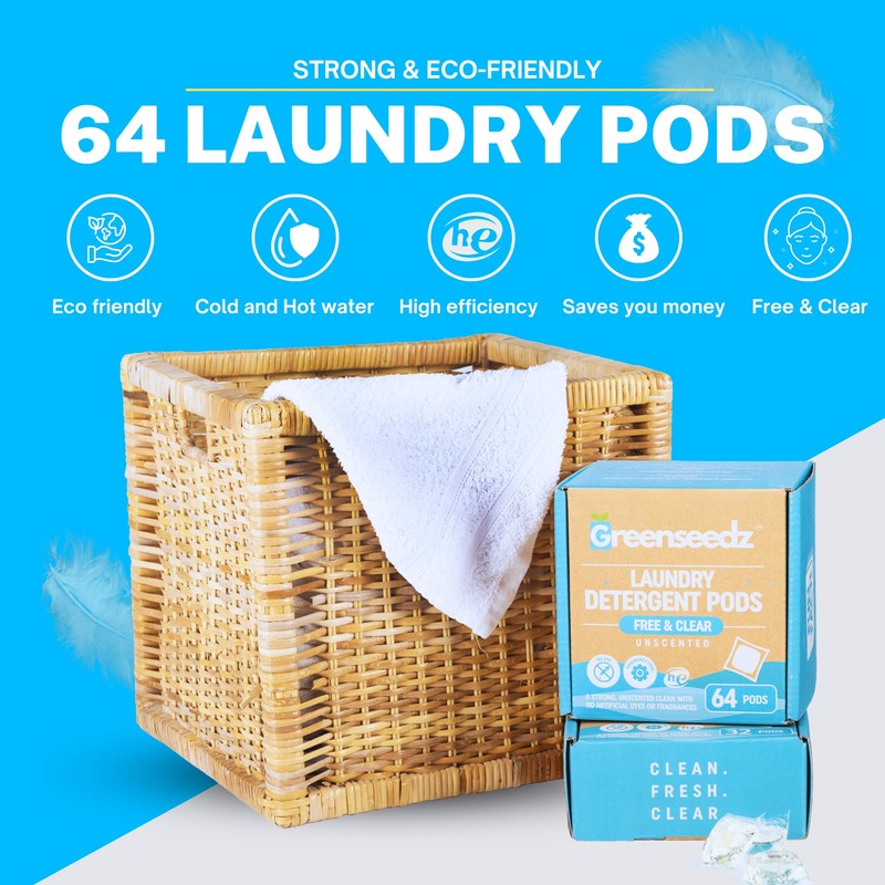 Laundry Detergent Pods Free & Clear, Unscented, 64 Count, Eco