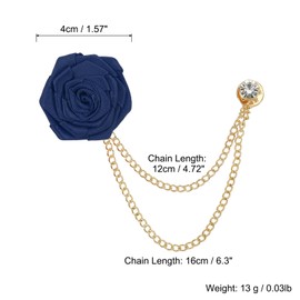 sourcing map Bridegroom Brooches Rose Flower, Size 1.57 inch inch Cloth Alloy Lapel Pin with Tassel Chain/Suit Stud for Wedding Men' Suit Accessories, 1 Count Navy Blue