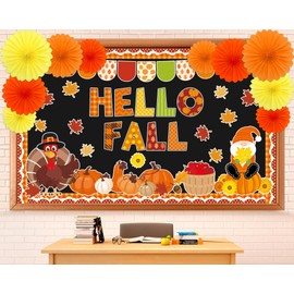 Hello Fall Bulletin Board Decorations Set with 3D Tissue Paper Flower Paper Fan DIY Fall Thanksgiving Classroom Bulletin Board Border Maple Leaves Pumpkins Cutouts for Library Home Chalkboard Supplies