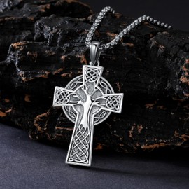 Oseew Mens Celtic Cross Necklace mens silver celtic cross pendant Celtic Amulet Necklace Protection Jewelry Religious Gifts with 2.5mm 24" Adjustable Rolo Chain, No Gemstone