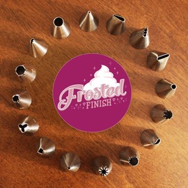 Professional 18-Piece Cake Decorating Tip Set by Frosted Finish­ - Includes 16 Most Popular Stainless Steel Tips, Reusable Coupler, Cleaning Brush & Storage Case - Also for Icing Cupcakes & Pastries