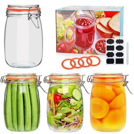 Encheng 32 oz Wide Mouth Mason Jars with Airtight Hinged Lids, Large Glass Jar with Lid for Pickling, Fermentation, Canning, Food Storage – Set of 4 Glass Storage Containers